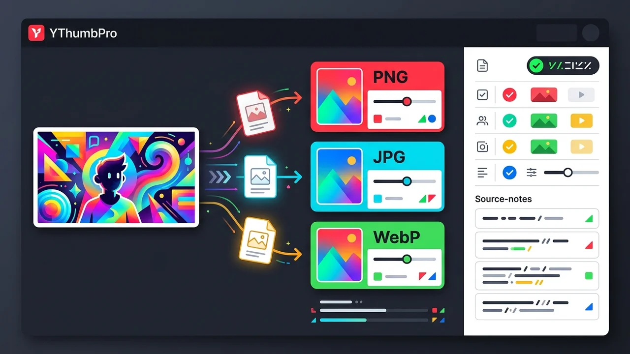 Convert YouTube thumbnail to image workflow with vivid format cards, source notes, and colorful preview panels