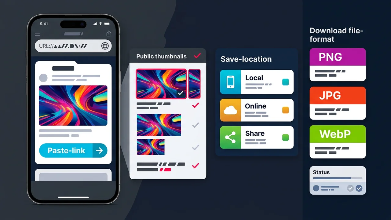 YouTube thumbnail download iPhone workflow with mobile browser, save options, and colorful format cards